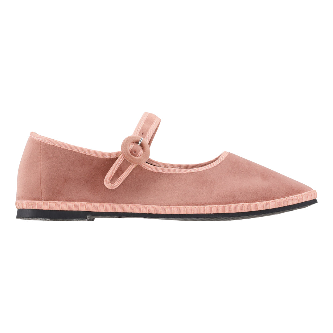 Limited edition Mary Janes made in collaboration with Ficus Folium.  A take on a modern ballerina mixed with the classic features of a Mary Jane. The shoes have a flat sole with a small heel, a buckle closure over the foot, and a closed rounded toe.  The shoes are handmade in Italy using traditional production techniques in carefully selected high-quality materials.  Color: Rose Material: 100% silk velour Sole: 100% rubber sole