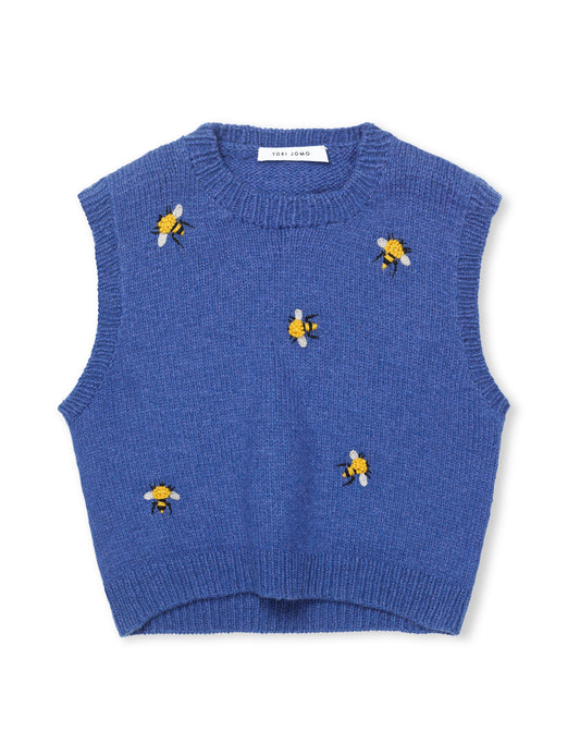 Hand Knitted Vest With Embroidery Jeans Blue