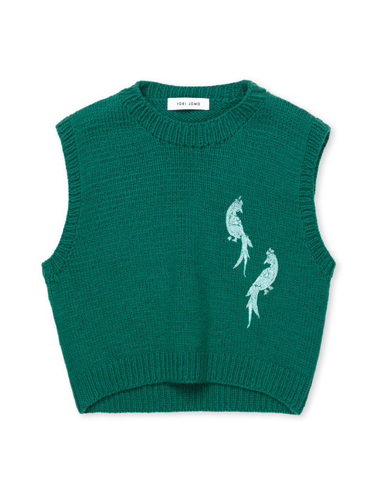 Hand Knitted Vest With Embroidery Green