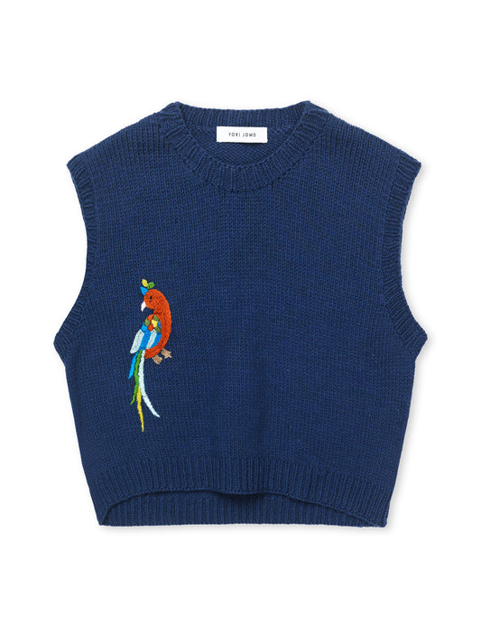 Hand Knitted Vest With Embroidery Dark Blue