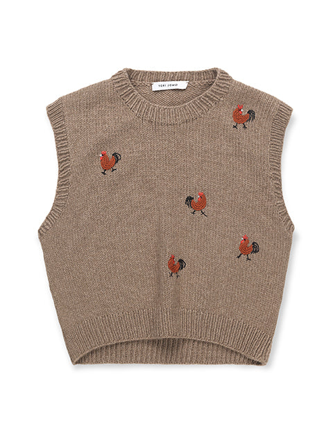 Hand Knitted Vest With Embroidery Beige